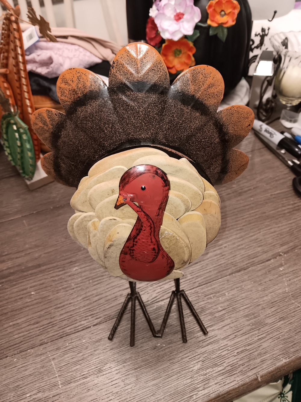 Unk Metal Turkey Figurine in Red, Cream & Brown
